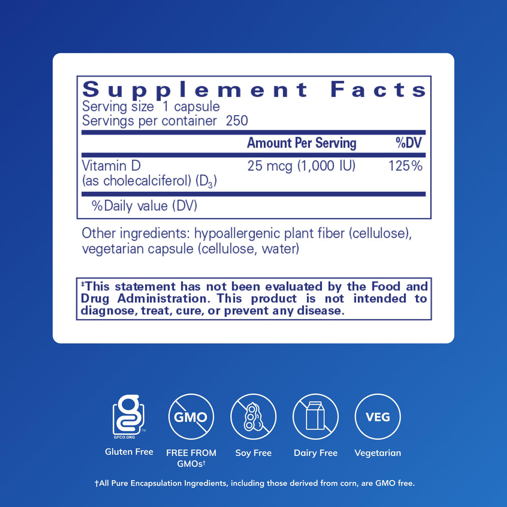 Pure Encapsulations Vitamin D3 25 mcg (1,000 IU) - Supplement to Support Bone, Joint, Breast, Heart, Colon & Immune Health - with Premium Vitamin D - 250 Capsules