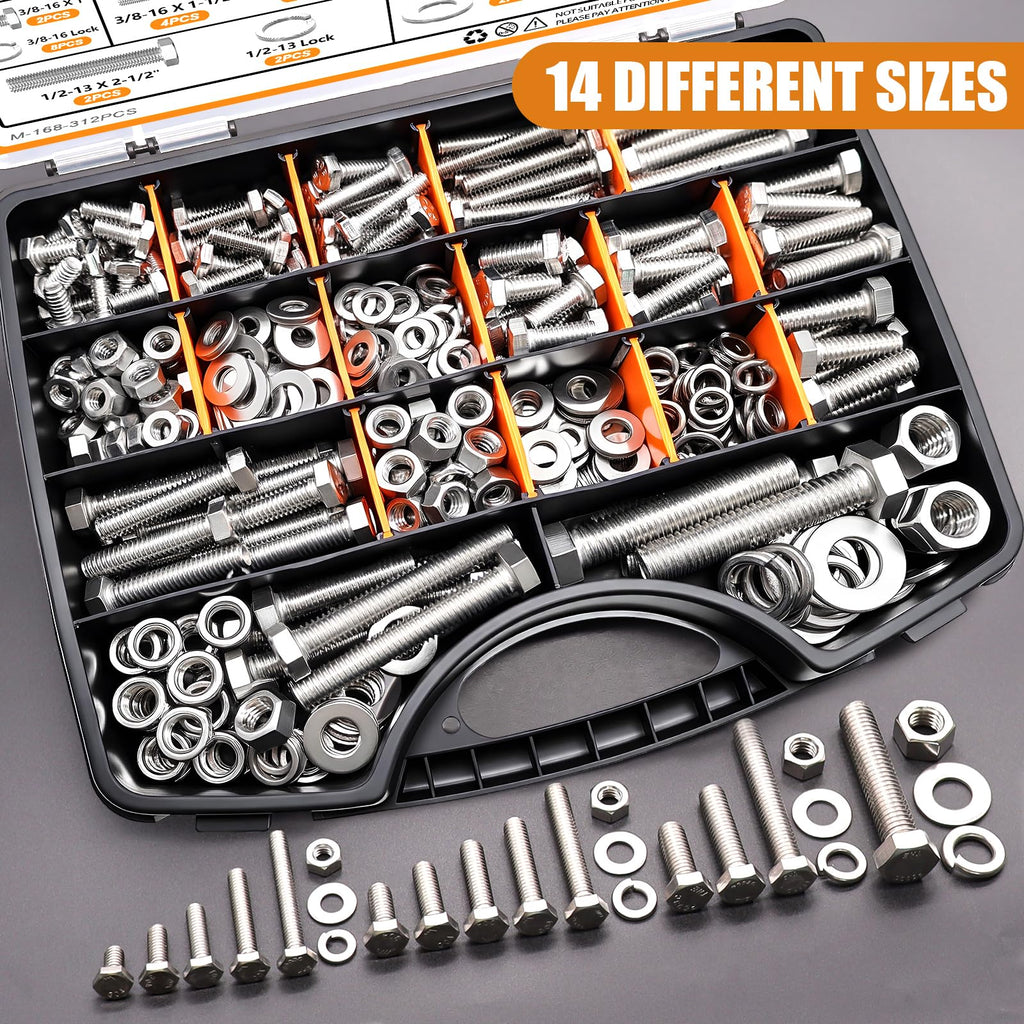 mankk 312PCS Hex Bolts and Nuts Assortment Kit,4 Sizes (1/4-20,5/16-18,3/8-16,1/2-13") 304 Stainless Steel Hex Bolts and Nuts Washers Kit Hardware Screws Set Flat & Spring Lock Washers