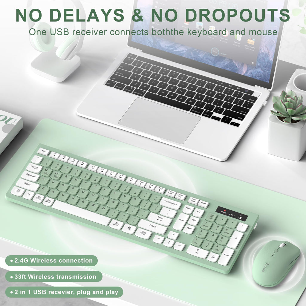 Wireless Keyboard and Mouse Combo Silent for Office and Home(Avocado Green)