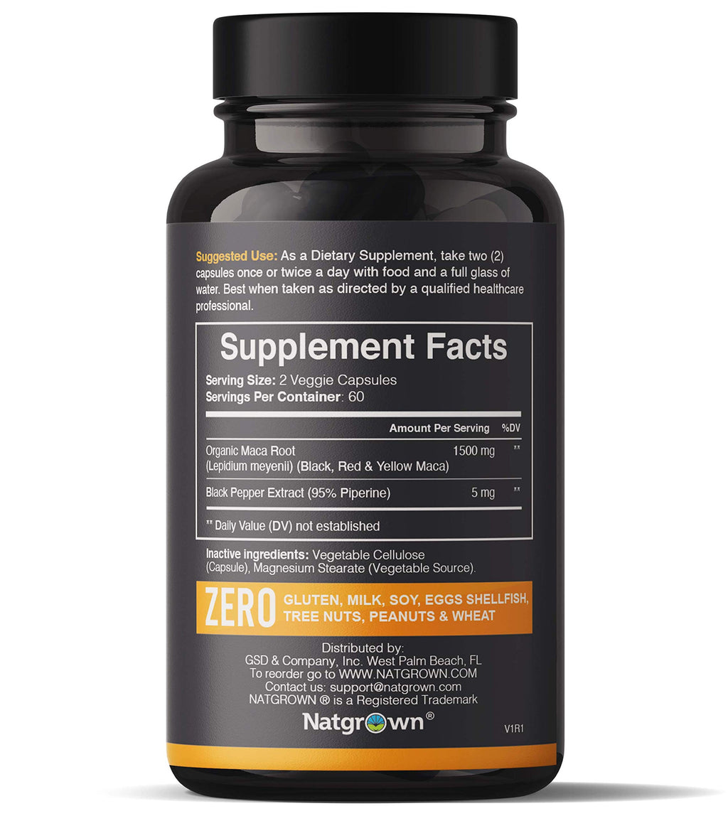 Natgrown Organic Maca Root Powder Capsules - Black, Red & Yellow - 1500 mg per Serving - Gelatinized Peruvian Maca Supplement - Non-GMO, Gluten-Free, Vegan - (120 Count)