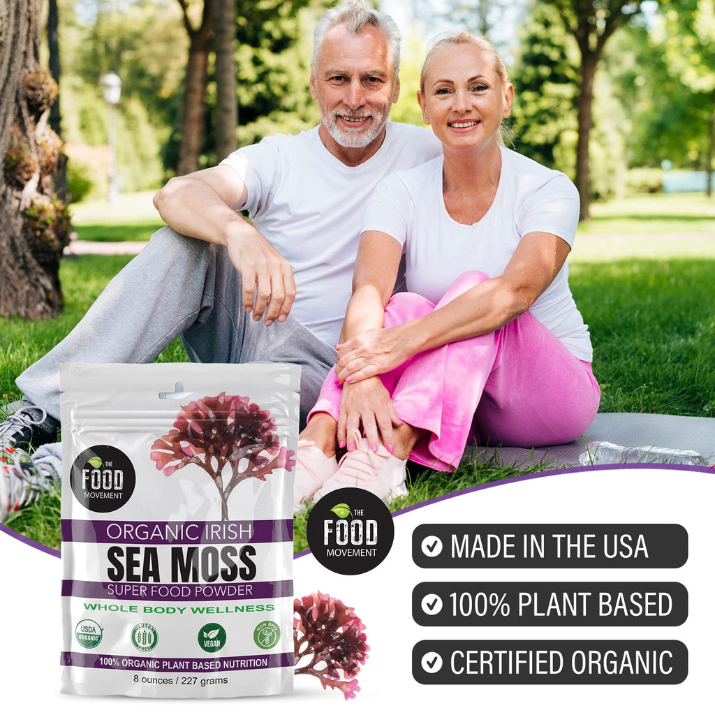 The Food Movement Co. Organic Raw Irish Sea Moss Powder - Mineral Dense Superfood for Cellular Health, Thyroid and Immune Support, Detox - Vegan and Kosher Algae Trace Minerals