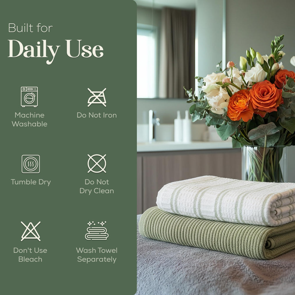 MosJos Kitchen Towels, Cotton Hand Towels, Sage Green and Cream Ribbed - Mini Weaved Stitched Set of 4 Absorbent Hand Drying Cloths, 18 x 28 Kitchen Linens