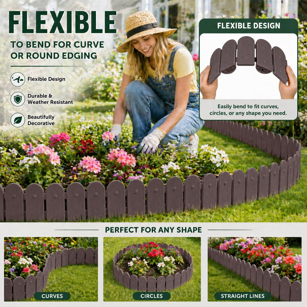 Evelyne Garden Border Plastic Edging: Wooden Fence Design - 16pcs Brown Yard Landscaping Fence Liner Lawn Edge Barrier - 20ft Kit of Decorative Lawn Panels Elements -Landscaping Edging-GMT-10374-A16