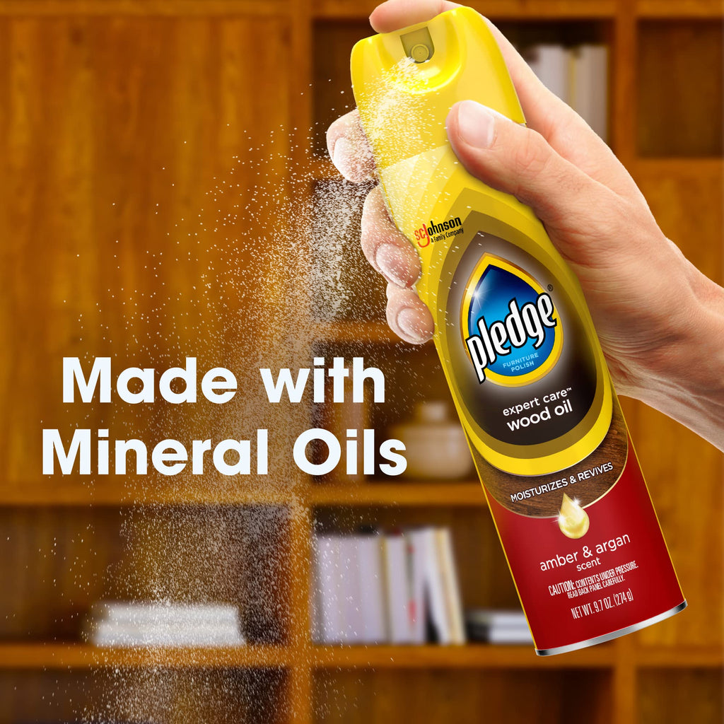 Pledge Moisturizing Wood Oil, Furniture Reviving & Protecting Conditioner and Dusting Spray, Revitalizes Wood, Sealed Leather & Laminate, Made with Mineral Oils - Amber & Argan Scent, 9.7oz, Pack of 3
