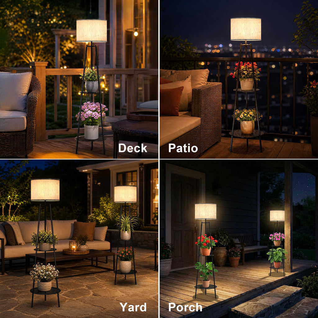 VISFLAIR Outdoor Solar Floor Lamp with 2-Tier Plant Stand, Cordless 46'' Tall Standing Patio Light with White Shade & Edison Bulb, Waterproof Metal Display Shelf for Porch, Deck, Balcony Garden Decor