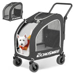 EchoSmile 4 Wheels Pet Stroller, Dog & Cat Stroller for All-Season, Lightweight Carrier with Storage Basket, Adjustable Handle, Removable Pad, Breathable Mesh, Up to 135 lbs, Black (Black)
