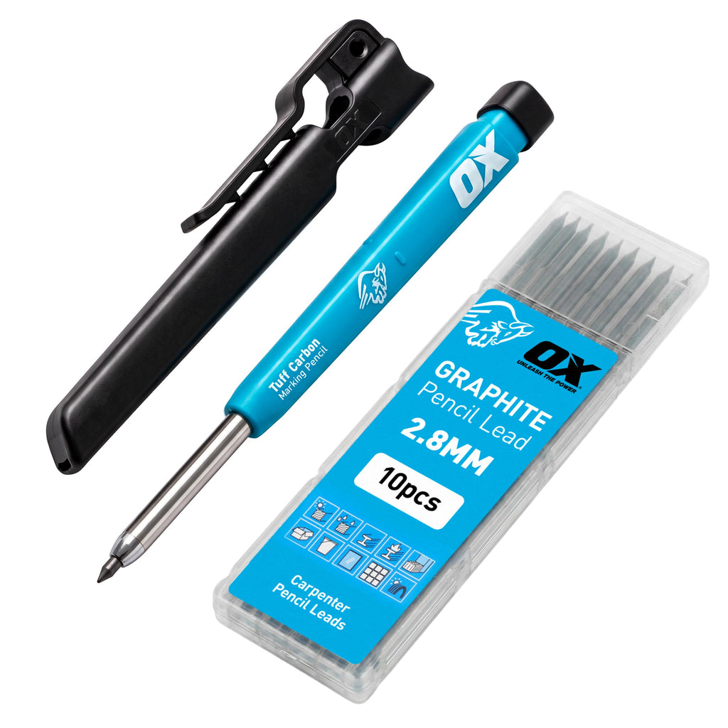 OX Tools Carpenter Pencils Mechanical Set – Heavy Duty Construction Pencil with 10X 2.8mm Lead Pack, Belt Clip, Sharpener, & Holder – Precision Mechanical Carpenter Pencil - Woodworking Pencils