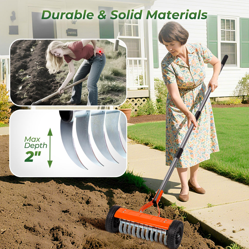 Walensee Manual Lawn Dethatcher Rake with Wheels, Adjustable Handle