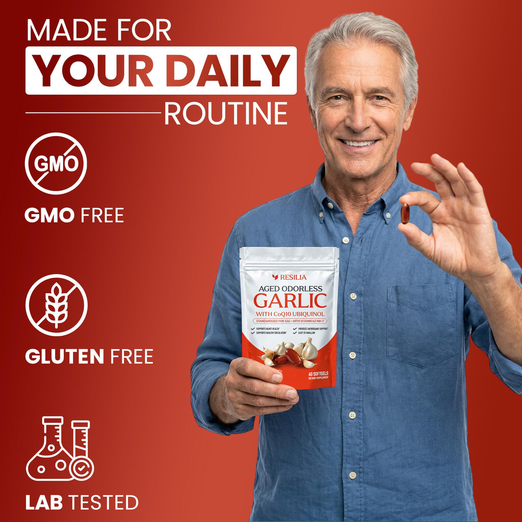 Resilia Odorless Aged Garlic Softgels (60 Count) | 1200mg Aged Garlic Per Serving | with CoQ10 Ubiquinol & Vitamin K2 (MK-7) | Dietary Supplement