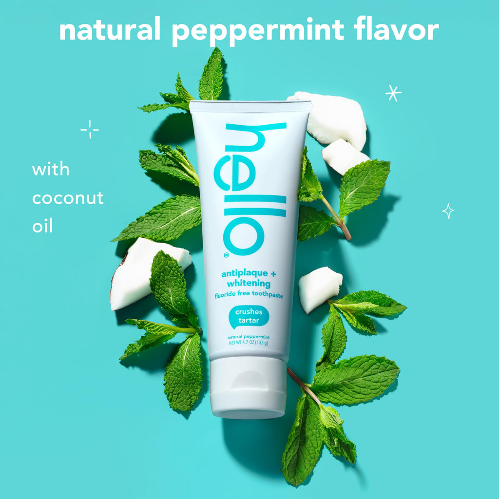 hello Antiplaque and Whitening Fluoride Free Toothpaste, Whitening Toothpaste with Coconut Oil and Tea Tree Oil, Helps Whiten Teeth, Natural Peppermint, 3 Pack, 4.7 Oz Tubes