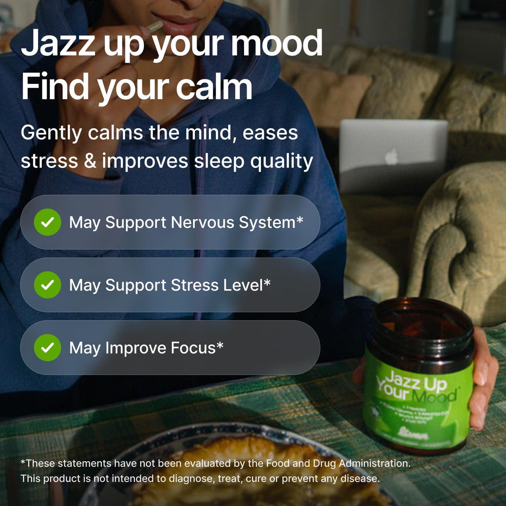 LIVEN SUPPLEMENTS Jazz Up Your Mood - L-Theanine, Asian Ginseng, CoQ10, Bacopa & Alpha-GPC – Daily Focus & Clarity Support - 30 Servings