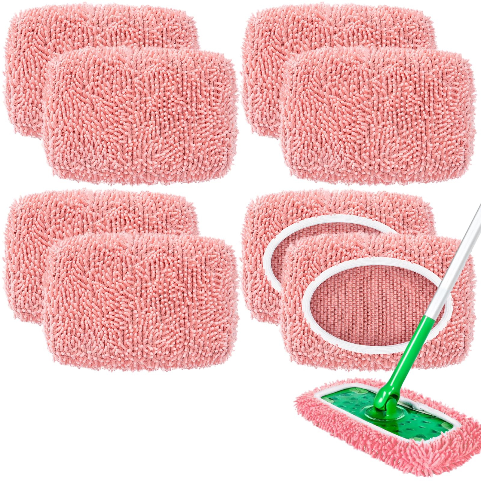Nicemiya 8 Pack Reusable Mop Pads Compatible with Swiffer Sweeper, Microfiber Chenille Washable Swiffer Mop Pads, Dry & Wet Sweeping Mopping Cloths (Pink)