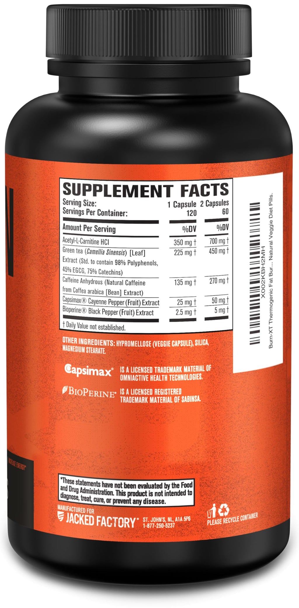 Jacked Factory Burn-XT Clinically Studied Fat Burner & Weight Loss Supplement - Appetite Suppressant & Energy Booster - with Acetyl L-Carnitine, Green Tea Extract and More - 120 Natural Diet Pills