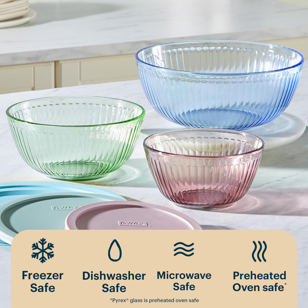 Pyrex Colors (3-Pack, Full Set) Sculpted Tinted Glass Mixing Bowls With Plastic Lids, Nesting Space Saving Set of Bowls For Prepping and Baking, 1.3QT, 2.3QT & 4.5Q, (Pink, Green, Blue)