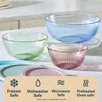 Pyrex Colors (3-Pack, Full Set) Sculpted Tinted Glass Mixing Bowls With Plastic Lids, Nesting Space Saving Set of Bowls For Prepping and Baking, 1.3QT, 2.3QT & 4.5Q, (Pink, Green, Blue)
