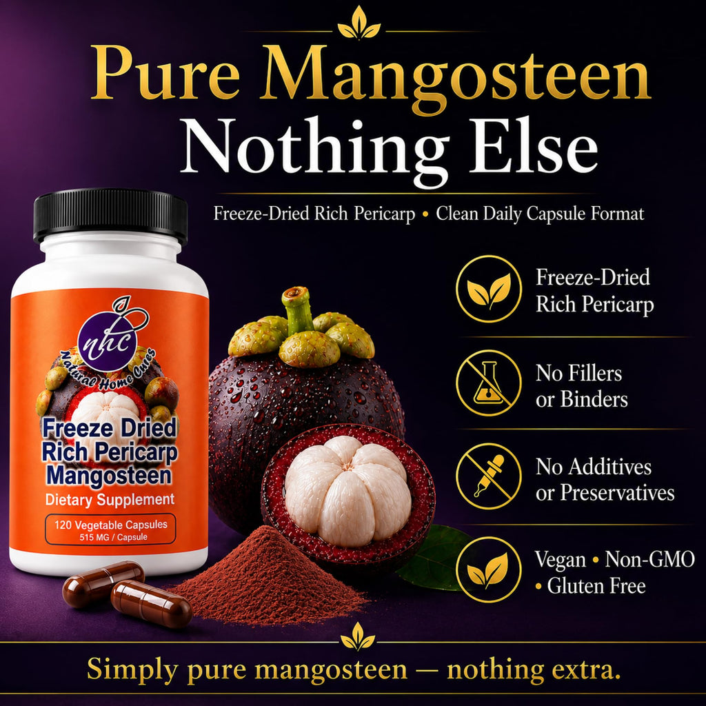 Natural Home Cures Mangosteen Supplement Capsules, Freeze-Dried Pericarp Whole Fruit Rind Powder, Garcinia Mangostana with Xanthones, 515 mg, 2 Bottles, 240 Vegan Capsules (2)
