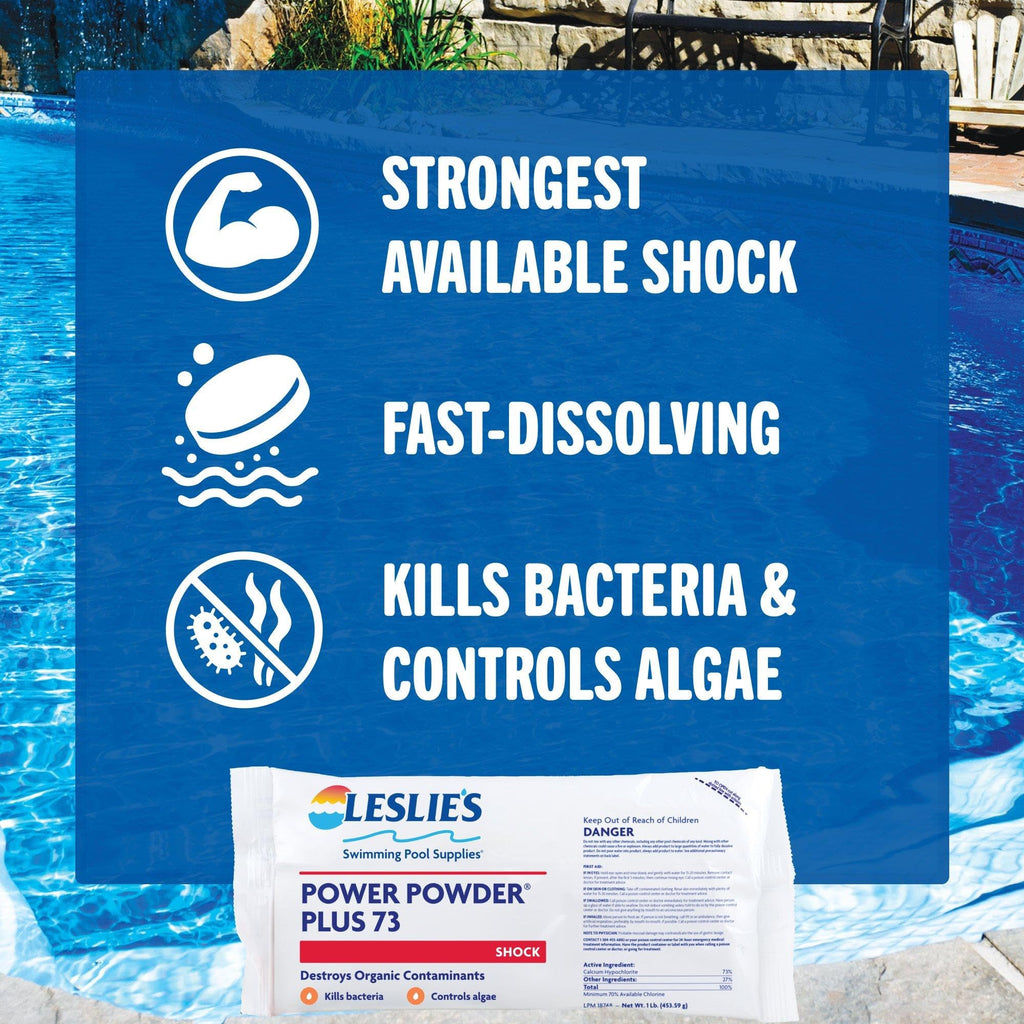 Leslie's Power Powder Plus 73-73% Calcium Hypochlorite Pool Shock, Fast-Dissolving Chlorine Granules, Eliminates Bacteria & Algae - Low Residue, Non-Stabilized, 70% Available Chlorine - 12 x 1 Pound