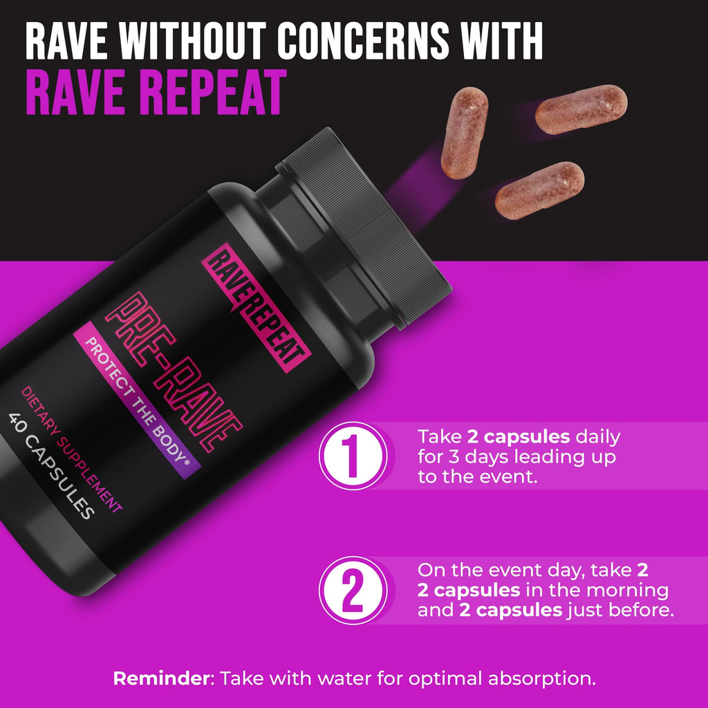 Pre-Rave Supplement - 5-HTP Free Rave Vitamins with CoQ10, Magnesium, Green Tea - Festival Essentials for Energy, Wellness & Jaw Support - EDM Party Gear for Men & Women - 40 Capsules