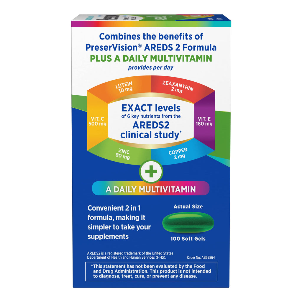 PreserVision AREDS 2 + Multivitamin, #1 Eye Doctor Recommended Brand, 2-in-1 Eye Vitamin with Lutein, Zeaxanthin, Zinc, and Vitamin C, D & E, 100 Softgels