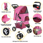 LEMY Foldable Pet Stroller,3 Wheels Cat/Dog Stroller with Weather Cover for Small/Medium Dogs and Cats,Pink Pet Strolling Cart with Storage Basket and Cup Holder