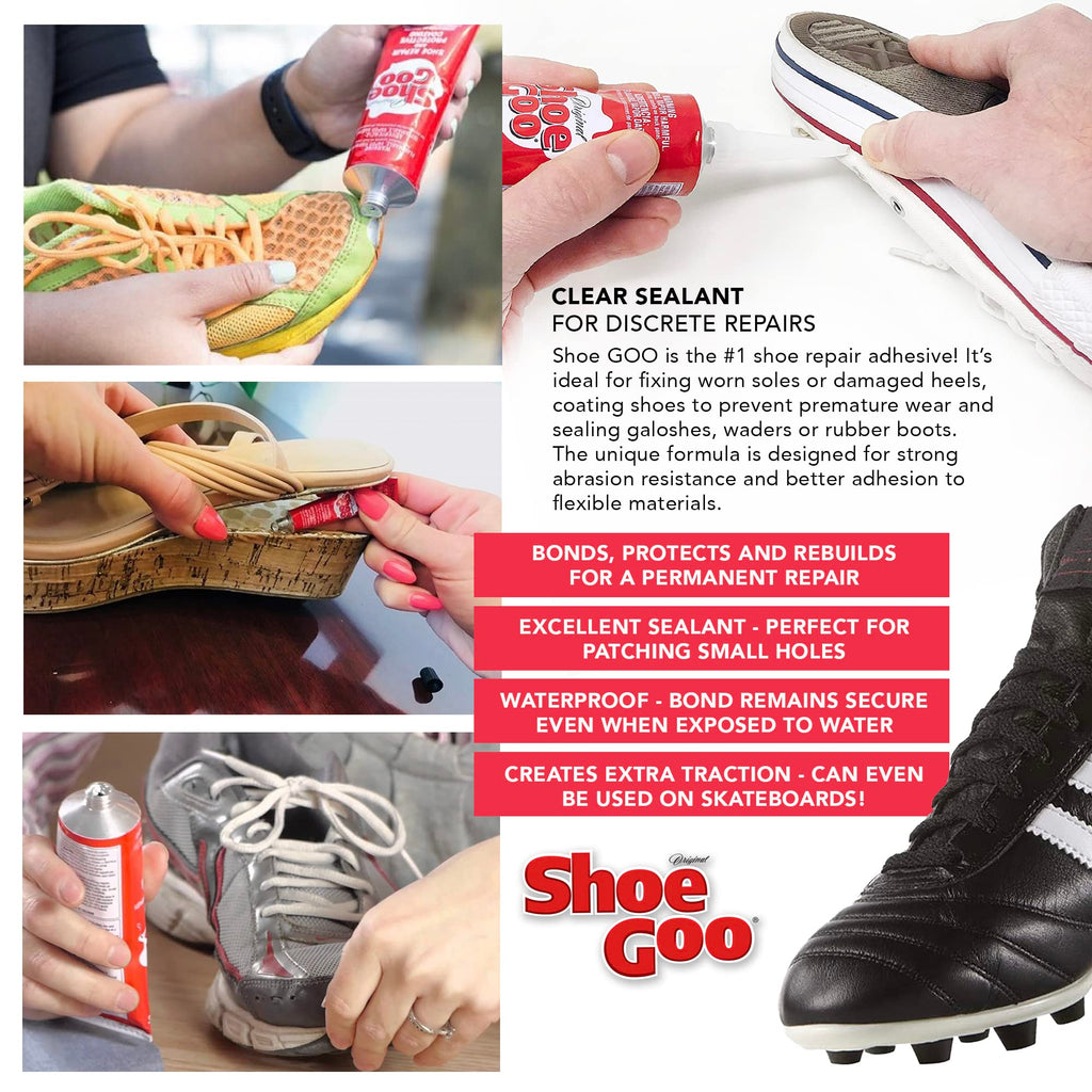 Shoe Goo Repair Adhesive for Fixing Worn Shoes or Boots, Clear, 3.7 Ounce (109.4mL), 10 Snip Tip Applicator Tips and Pixiss Spreader Tools Set