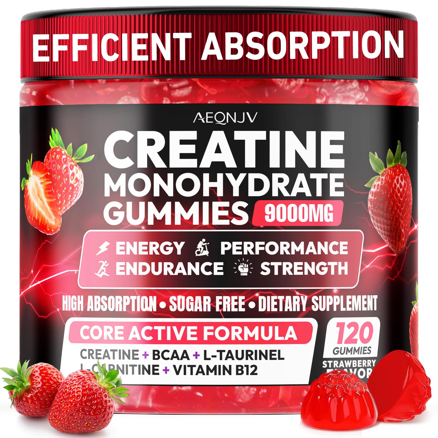 AEQNJV Creatine Gummies Monohydrate Complex 9000MG, Chewable Creatine Monohydrate Gummies for Men & Women with L-Taurine, BCAA 2:1, B12/6, Building Muscle Strength and Boost Focus, 30 Days Supply