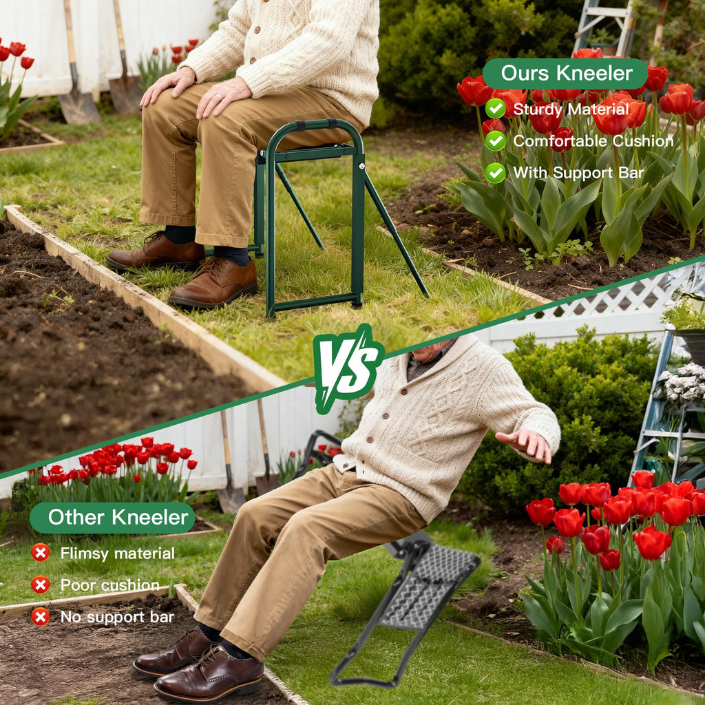 Onadak Heavy Duty Garden Kneeler & Seat with Support Legs, 400lbs Capacity Foldable Gardening Stool, Extra Thick Pad & Large Tool Organizer Bag, Ergonomic for Seniors - Dark Green
