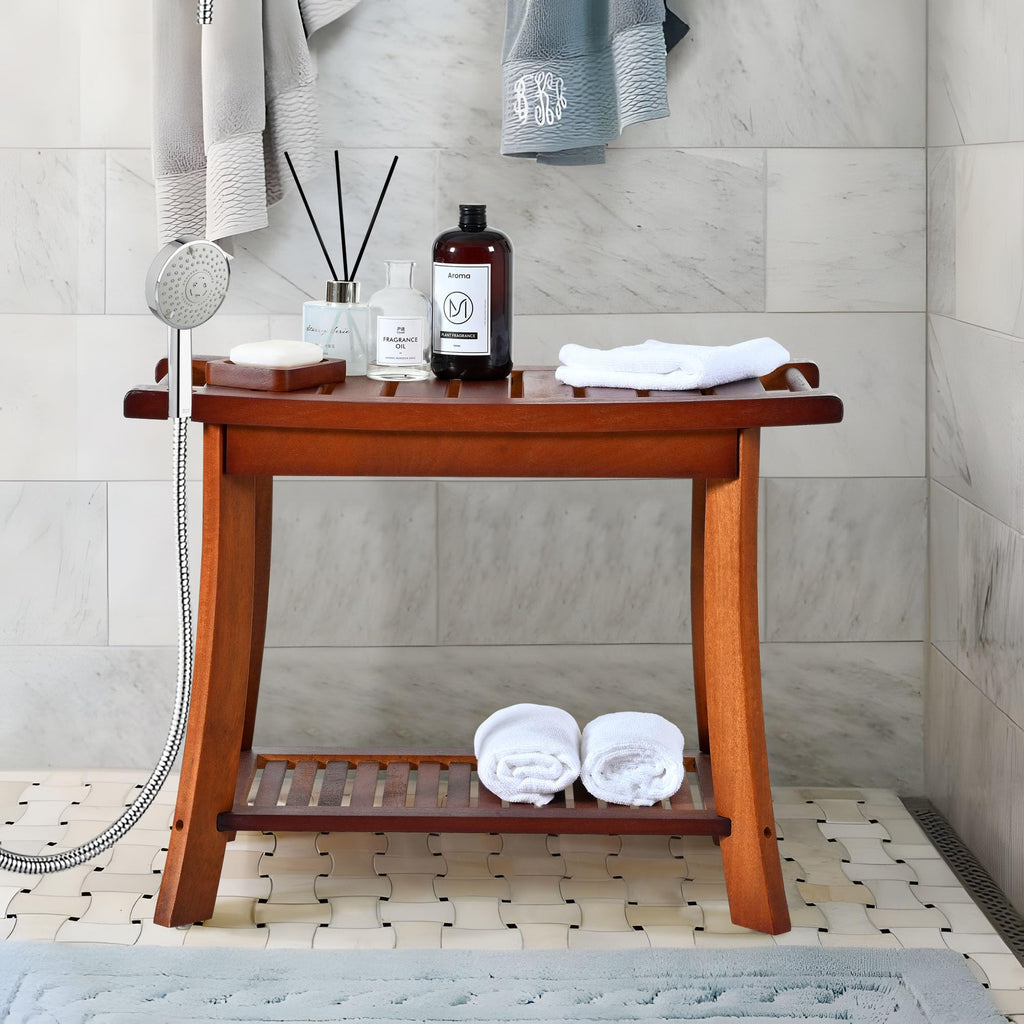 Jekruiet Teak Shower Chair Stool, 24" Shower Bench Seat, Wooden Bathroom Bench with Storage Shelf for Indoor & Outdoor Use