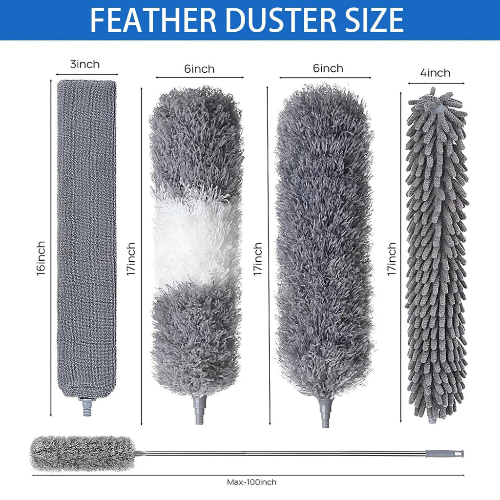 Muxun Dusters for Cleaning - 9Pcs Feather Duster Extendable Pole Up to 100'', Microfibre Feather Duster Bendable Washable Long Duster for Cleaning Ceiling Chandelier High Ceiling Furniture