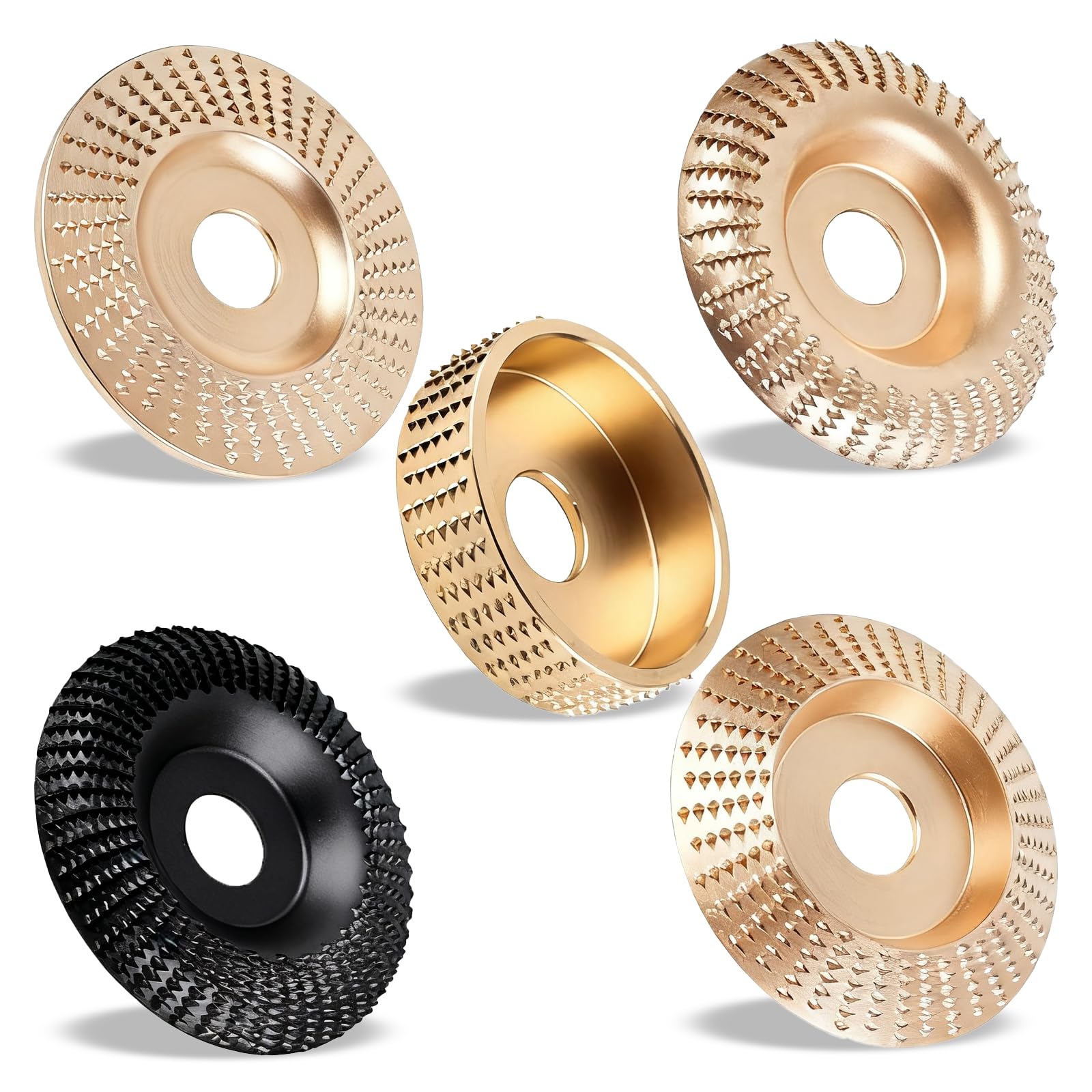 5PCs Angle Grinder Wood Carving Grinding Disc Set | 4" or 4 1/2" Wood Shaping Wheels for Stump Grinders | 5/8 inch Arbor | High-Speed Wood Grinding & Polishing Accessory Kit