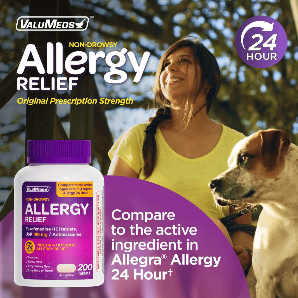 ValuMeds 24-Hour Allergy Relief Fexofenadine Hydrochloride 180mg | Non-Drowsy Antihistamine Generic Medicine for Allergies, Hay Fever, Itchy Eyes for Kids, Adults | Compare to Allegra (200-Count)