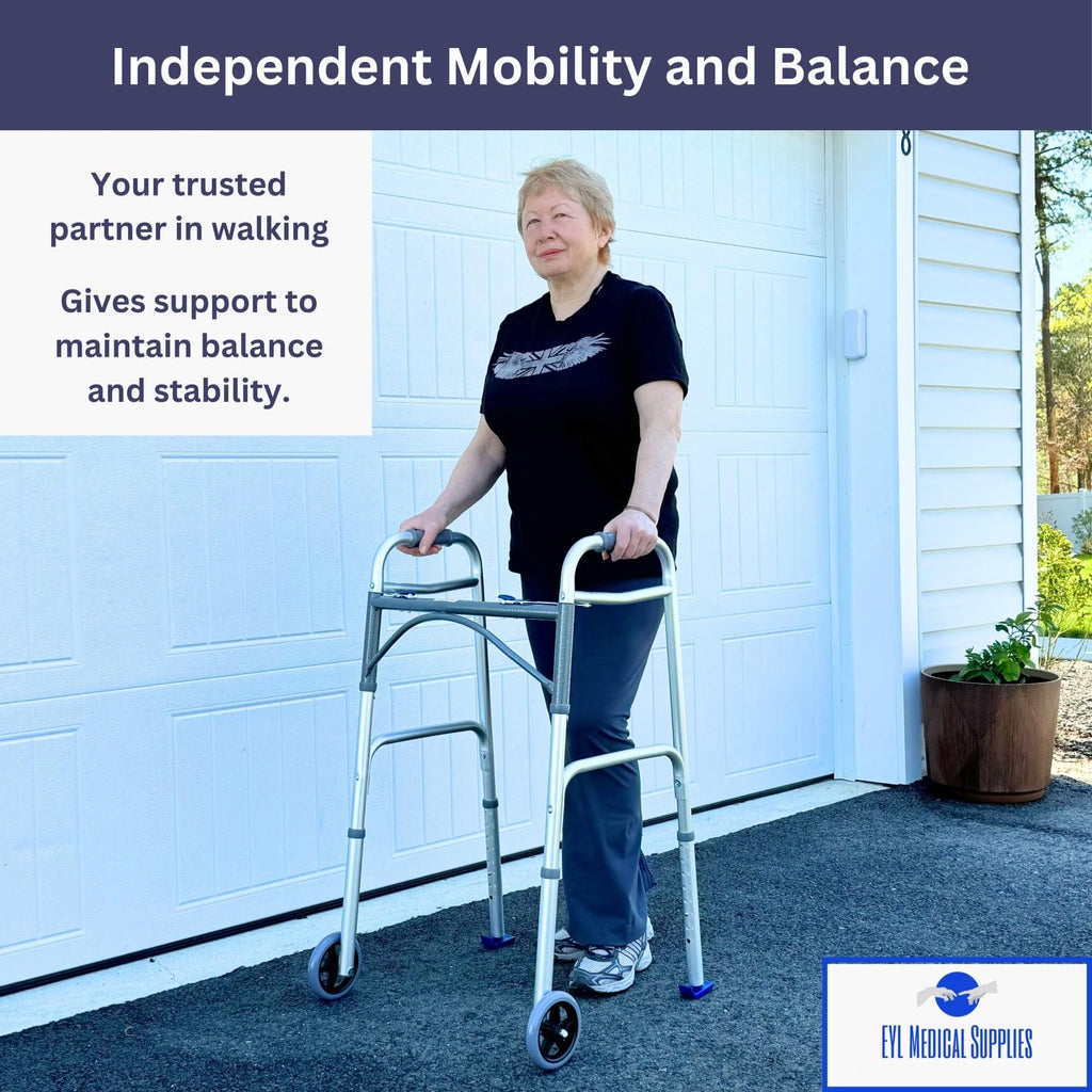 Foldable Lightweight Walker with 2 Wheels, Includes Ski Glides - Folding Design Ideal for Seniors and Elderly Adults - Adjustable for Tall Men and Women - Standing Handicap Mobility Aids