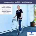 Foldable Lightweight Walker with 2 Wheels, Includes Ski Glides - Folding Design Ideal for Seniors and Elderly Adults - Adjustable for Tall Men and Women - Standing Handicap Mobility Aids