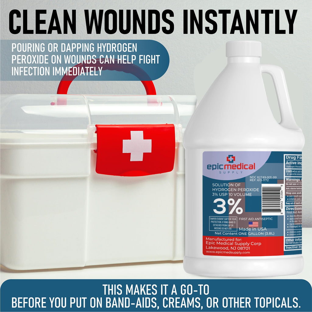Epic Medical Supply 3% Hydrogen Peroxide - First Aid Antiseptic & Multipurpose Cleaner - Topical Wash for Cuts, Scrapes and Minor Cuts - H2O2 Hydrogen Peroxide 3 Percent USP Solution (1 Gallon)