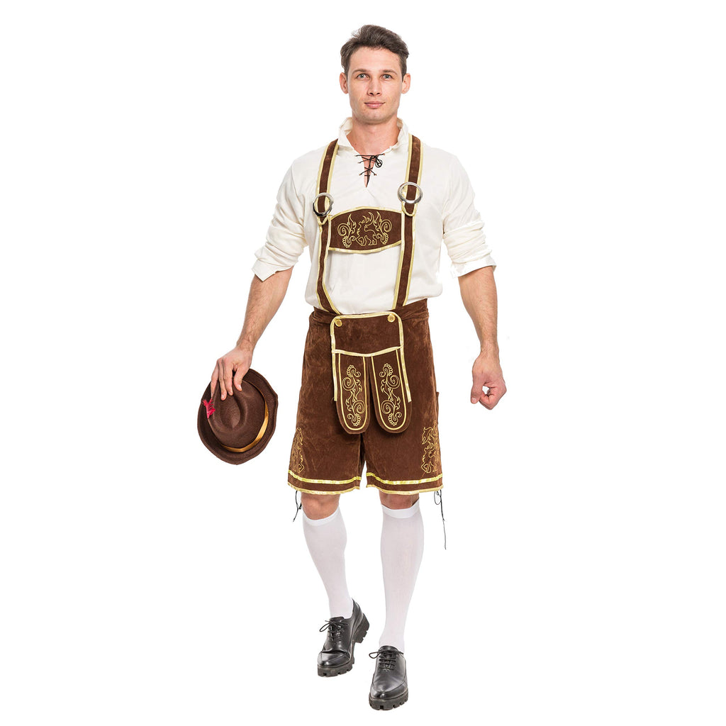 Spooktacular Creations Halloween Men Oktoberfest Costume Set, Lederhosen Men with German Bavarian Hat, Beer Costume, Adults Halloween Brown Outfit for Beer Festival Party (X-Large)