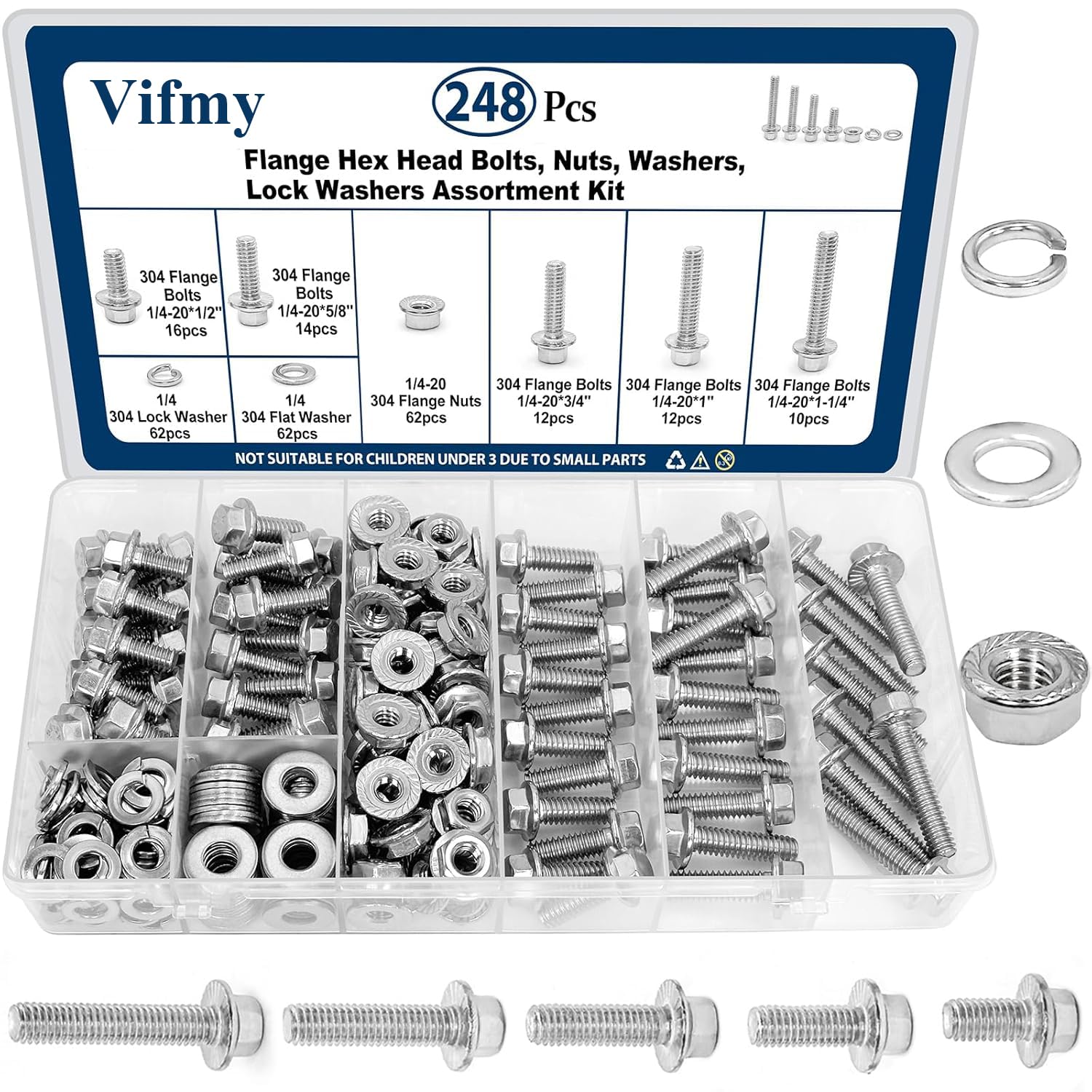 Vifmy 1/4-20 Bolt x (Length 3/4", 1", 1-1/4") 304 Stainless Steel Flange Head Bolts Assortment Kit (248 Pack) with 1/4 20 Bolt, Serrated Flange Nuts, Washers, Full Thread