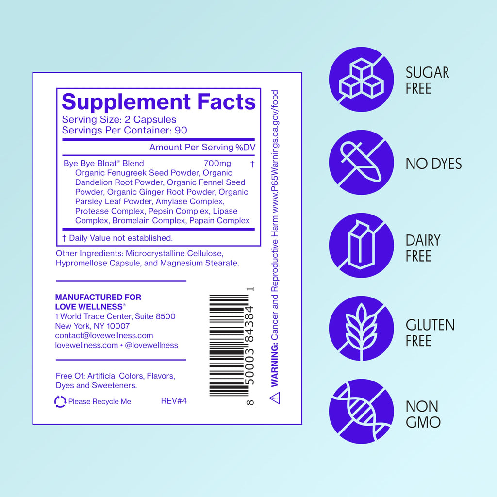 Love Wellness Bye Bye Bloat, Digestive Enzymes | Bloating Relief for Women | Help Reduce Gas Relief & Water Retention | Supports Digestive Health with Fenugreek & Dandelion | 180 Count