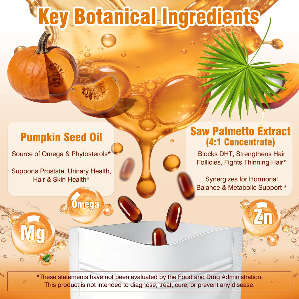 Fenolutra Pumpkin Seed Oil with Saw Palmetto - Cold-Pressed Softgels for Hair Growth & Prostate Support - Organic Supplement for Men & Women, Non-GMO, 300 Softgels