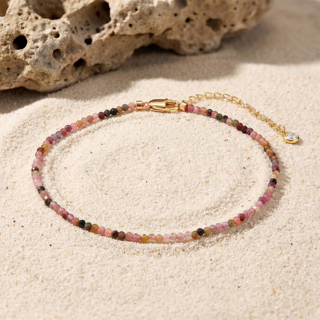 Faceted Multi-Color Tourmaline Anklet for Women - Rainbow Gemstone Beads Anklet with Sparkling CZ Tail Charm - 22cm + 5cm Adjustable 14K Gold Plated Foot Chain - October Birthstone Jewelry Gift for Her, Summer Beach Vacation