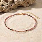 Faceted Multi-Color Tourmaline Anklet for Women - Rainbow Gemstone Beads Anklet with Sparkling CZ Tail Charm - 22cm + 5cm Adjustable 14K Gold Plated Foot Chain - October Birthstone Jewelry Gift for Her, Summer Beach Vacation