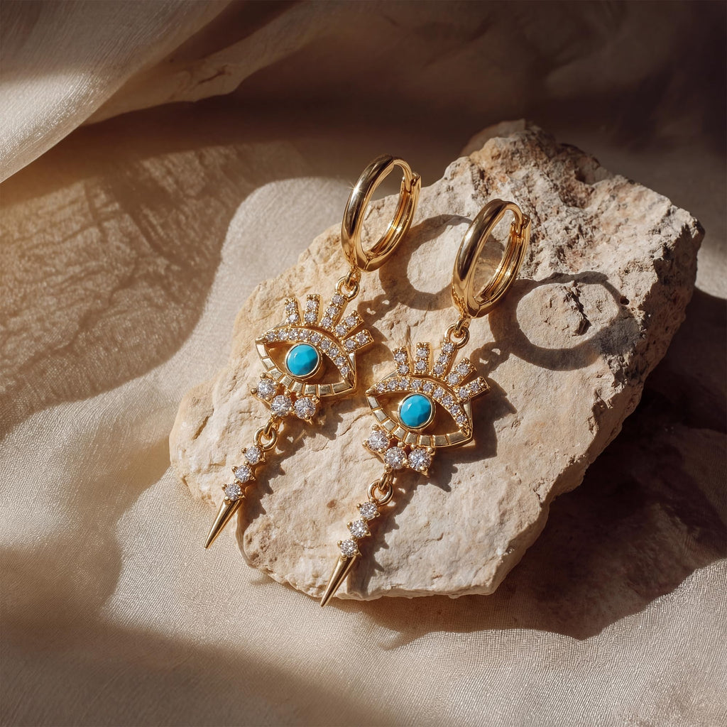 MYEARS Women Evil Eye Earrings Gold Huggie Hoop Link Spike Dangle Drop Turquoise Cubic Zirconia 14K Gold Plated Small Simple Hypoallergenic Everyday Protection Jewelry 1