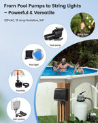 SURAIELEC Digital Pool Timer for Above Ground Pools, NEMA 5-15R Plug-in Timer with Dual Outlets, 15A 125V 1HP, Programmable 7-Day Schedule, Weatherproof Cover, for Pool Pumps, Lights and Salt Systems