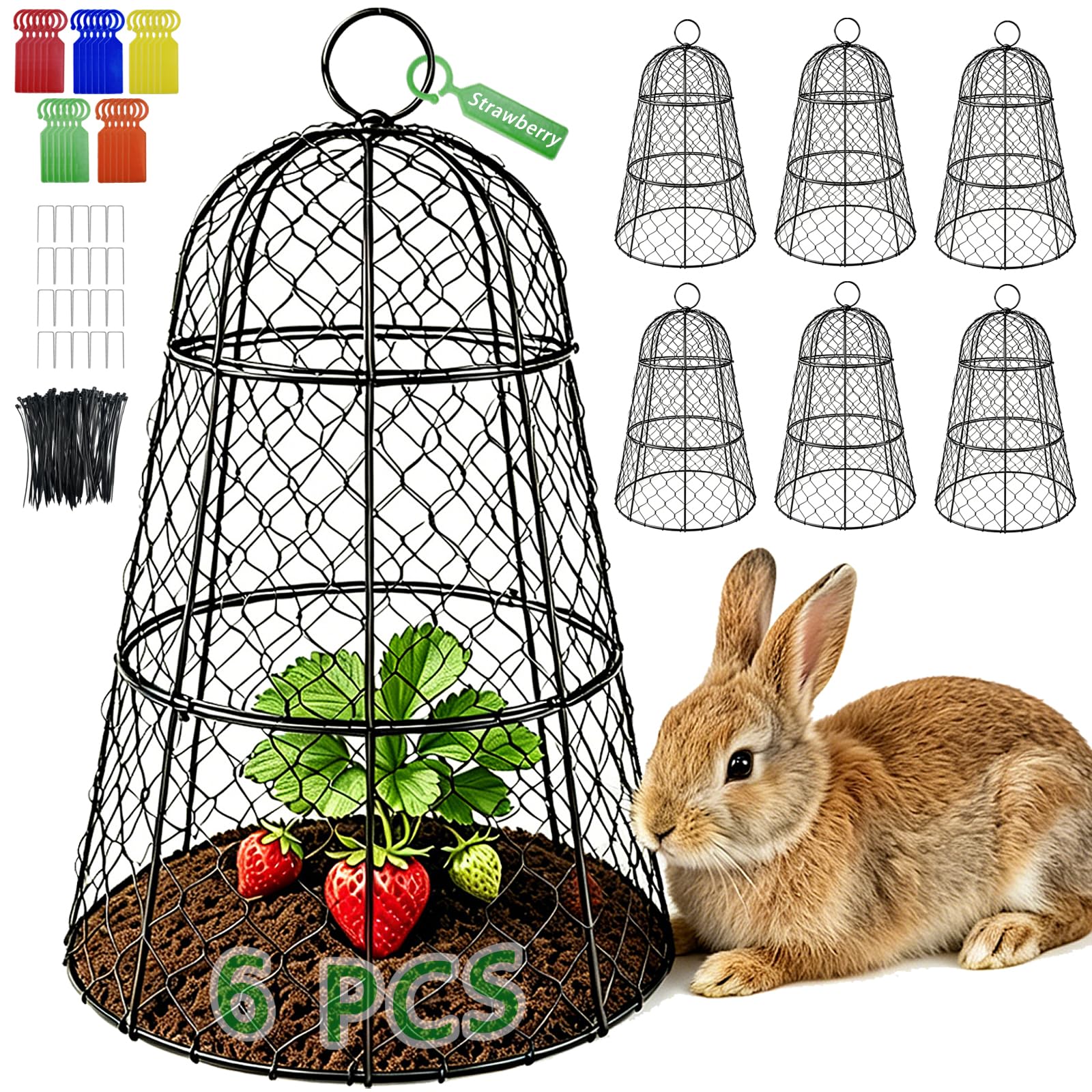 6 PCS 17.7"H X11.42"D Chicken Wire Plant Covers Protectors, Rustproof Heavy Duty Metal Plant Cage with Stakes & Labels, Modular Garden Cloches Design for Seedling Flower Vegetable Protect from Animals