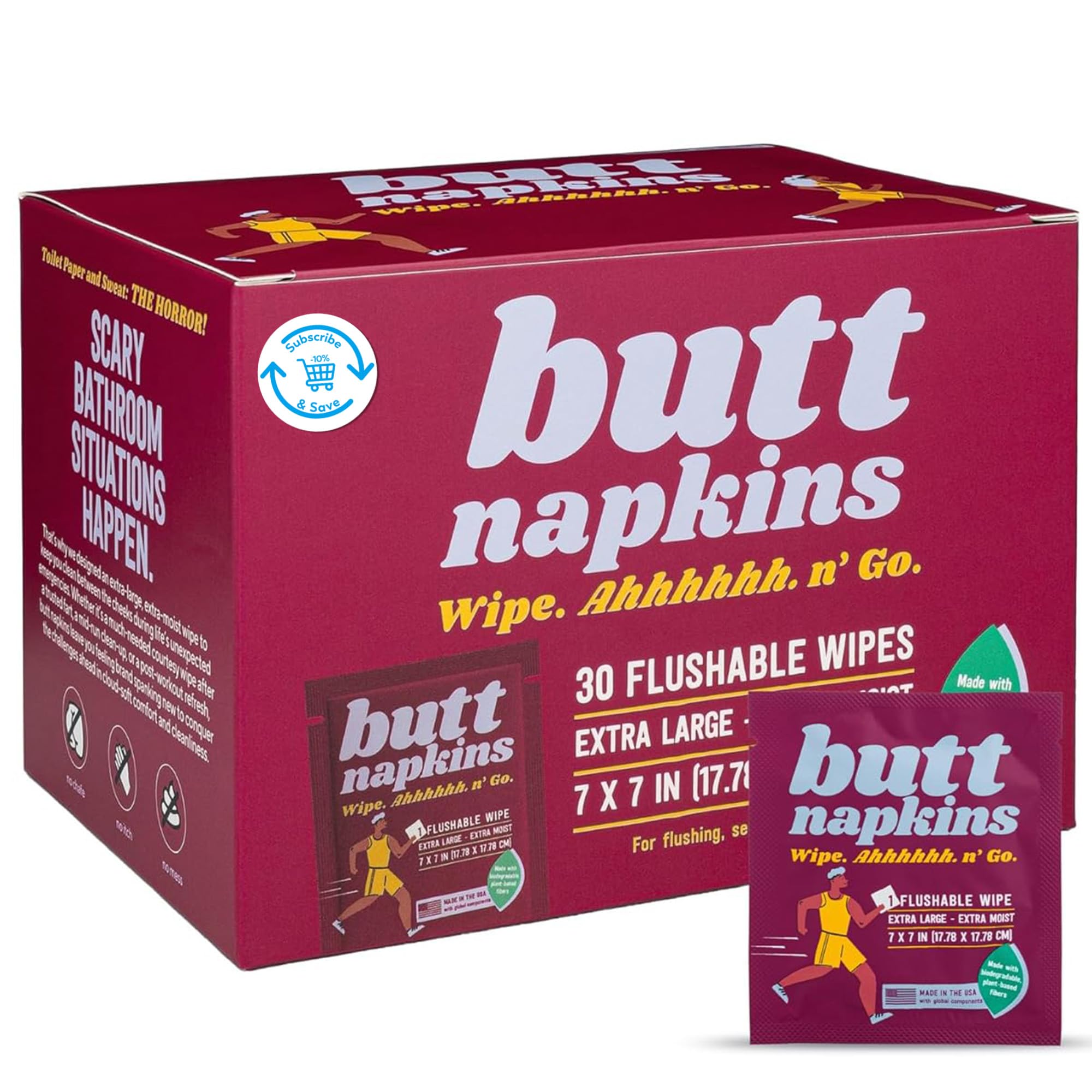 Butt Napkins – Flushable Adult Wet Wipes, 30 Singles, Travel-Size, Unscented Plant-Based with Aloe & Vitamin E, Hypoallergenic