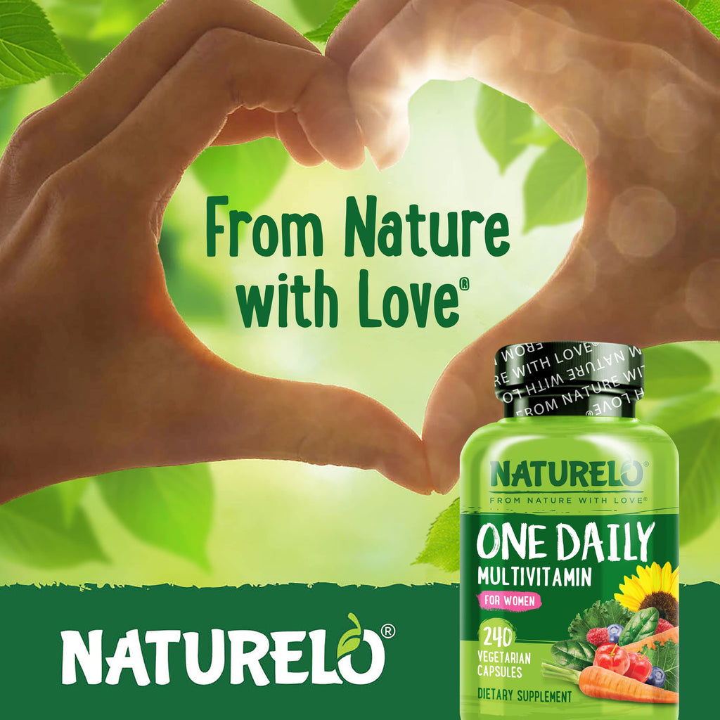 NATURELO One Daily Multivitamin for Women w/Vitamin B12, 240 Ct, Energy Support, Whole Food Daily Women Multivitamin Supplement, Nourish Hair/Skin/Nail, Non-GMO, No Soy, Gluten Free, 8 Month Supply