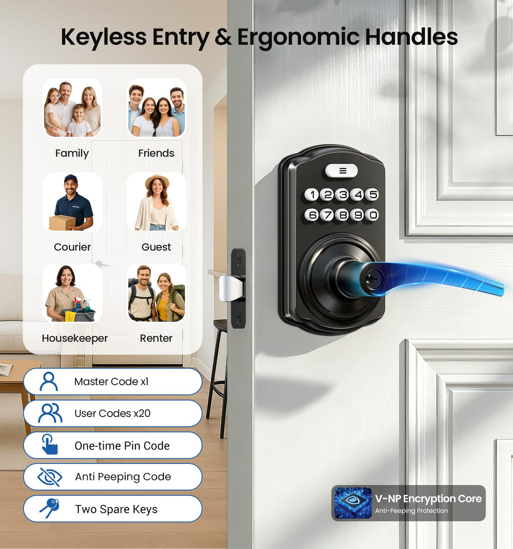 Veise Keypad Door Lock with Handle, Keyless Entry for Front Door & Bedroom, Electronic Lock with Code, Auto-Locking, Easy Installation, Passage Mode, Matte Black