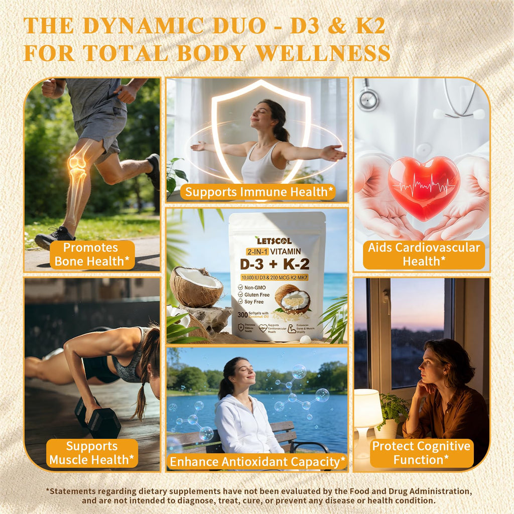 LETSCOL 2-in-1 Vitamin D3 K2 Supplement Softgel, Vitamin D3 10000 IU and Vitamin K2 200 mcg, K2 MK7 with D3 Vitamin Supplement Support Immune, Heart, Joint, Teeth & Bone Health
