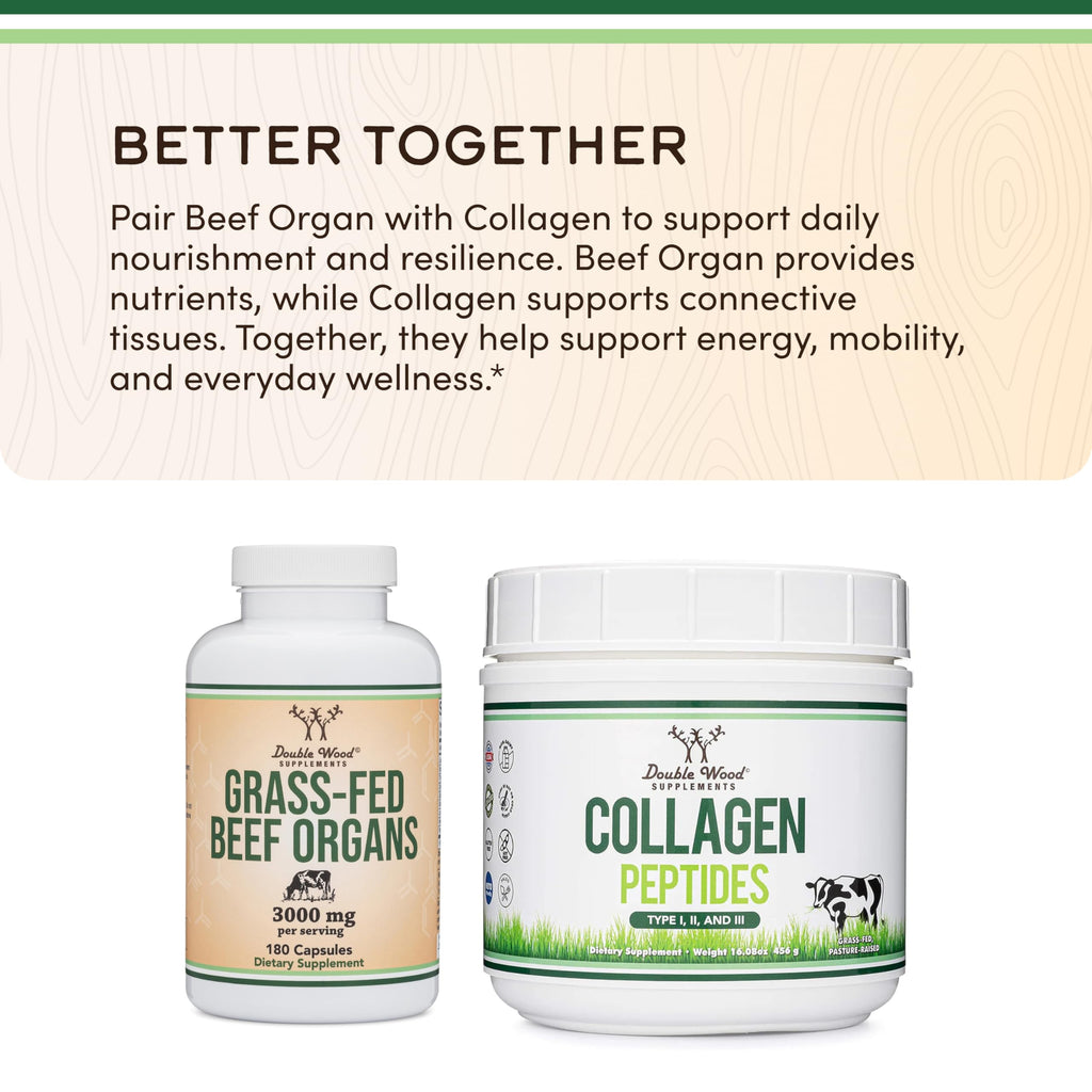 Grass Fed Beef Organ Complex (3,000mg per Serving, 180 Capsules, 1 Month Supply) Supplement for Digestion, Immune Health, Energy, and Wellness by Double Wood