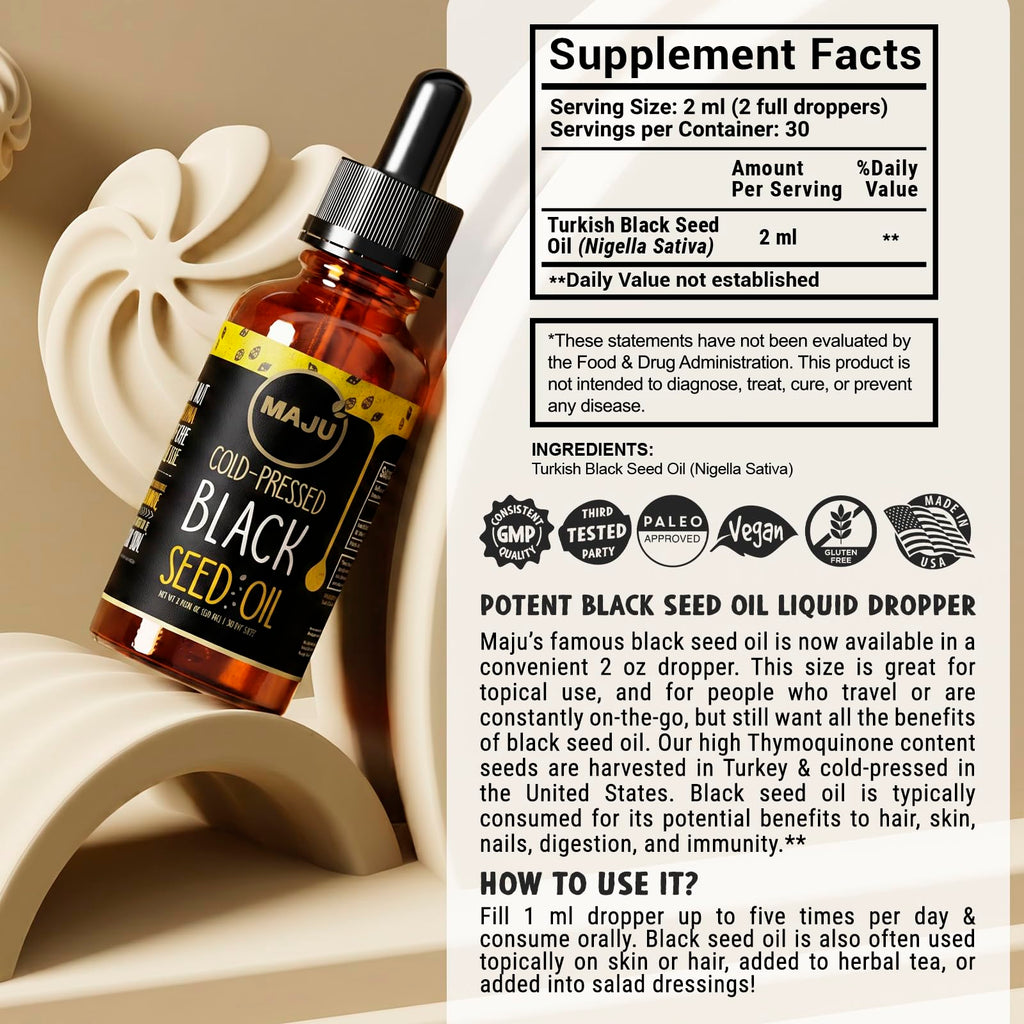 Maju Superfoods Black Seed Oil - 3 Times TQ, Cold-Pressed, Travel Size, 100% Turkish Black Cumin Seed Oil, Liquid Pure Blackseed, Glass Bottle, 2 Oz