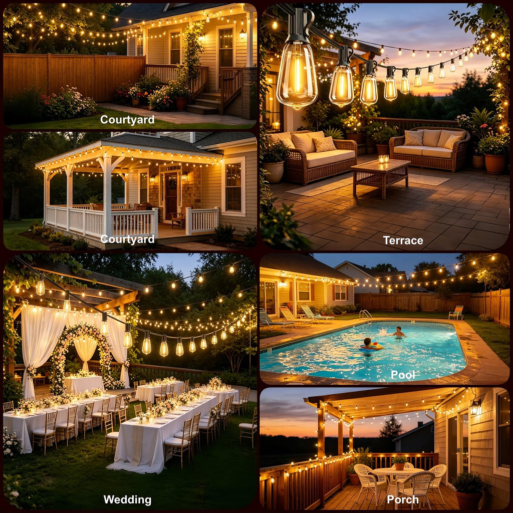 LaPitio 100FT Remote Outdoor String Lights for Outside, 50+2 LED Waterproof Shatterproof Edison Dimmable Timer Bulbs, 2500K Warm White Patio Lights for Garden Backyard Yard Hanging Lighting